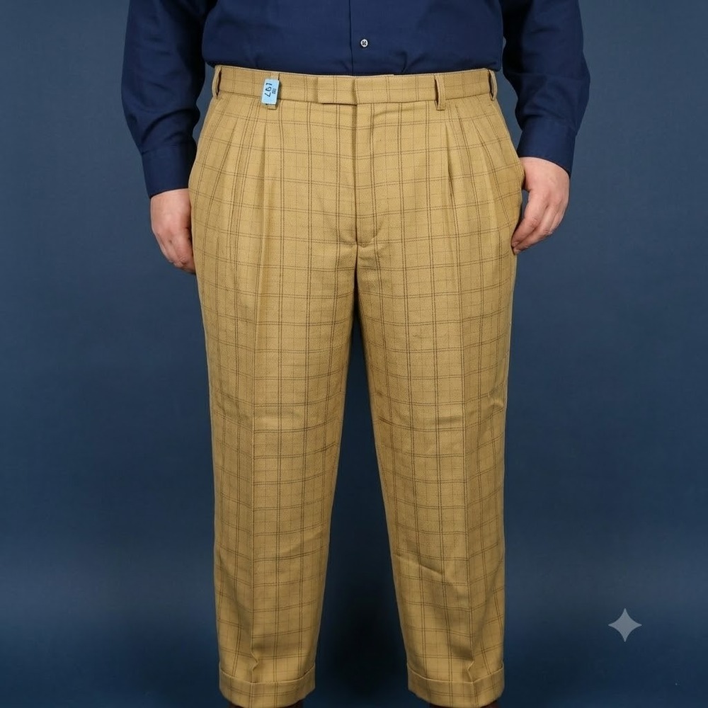 Montique Plaid Dress Pants Men's 40 Tan Brown Pleated Cuffed Vintage USA